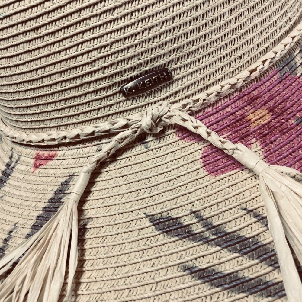 Karen Keith pink hibiscus pattern hat wide brim plaited rim detail 17 1/2” rim - Picture 6 of 8